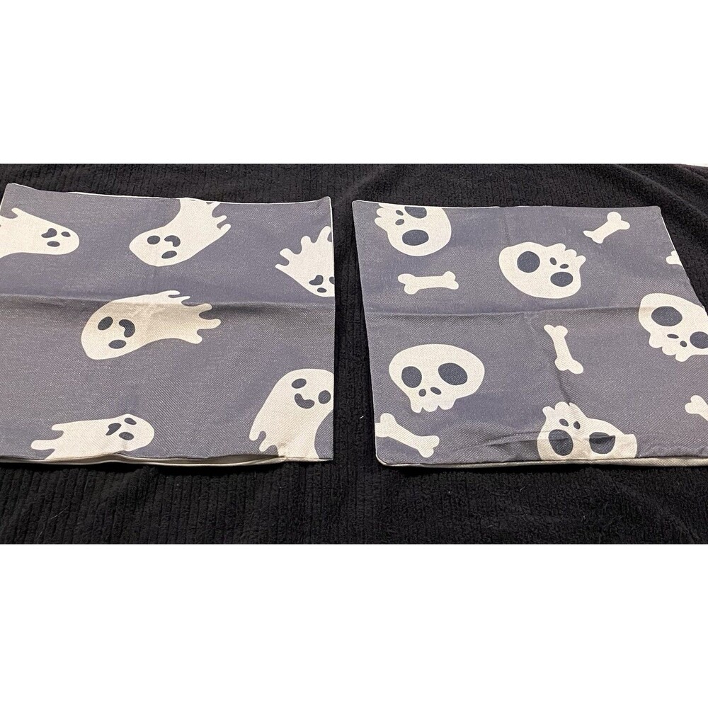 2 Spooky Halloween Throw Pillow Covers Holiday Home Decor Skulls Ghosts 17”